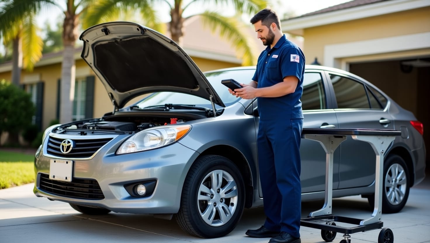 Mobile mechanic scanning a car engine with diagnostic tools in Jacksonville driveway